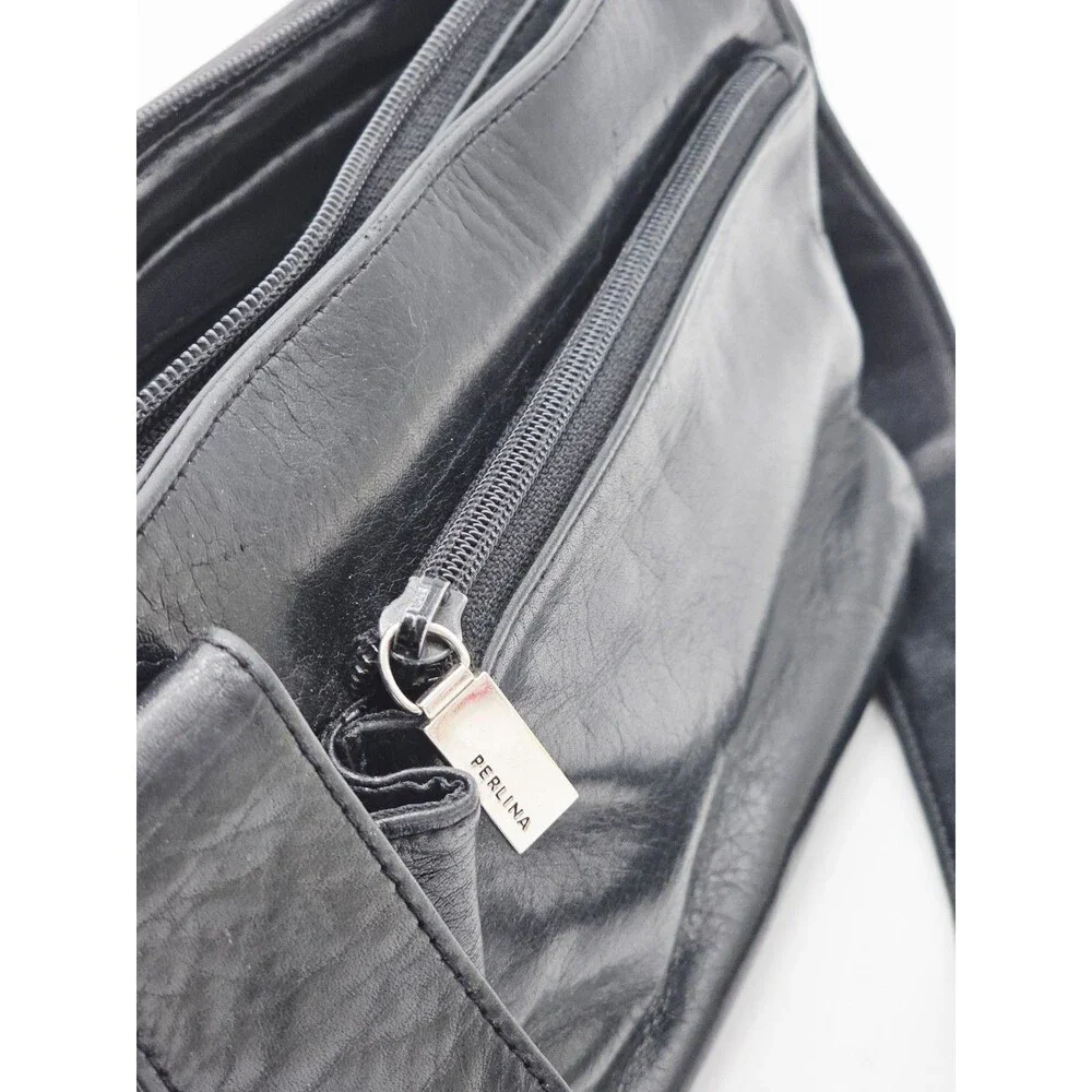 Perlina New York Leather Purse Black Shoulder Bag Pockets Vintage Designer